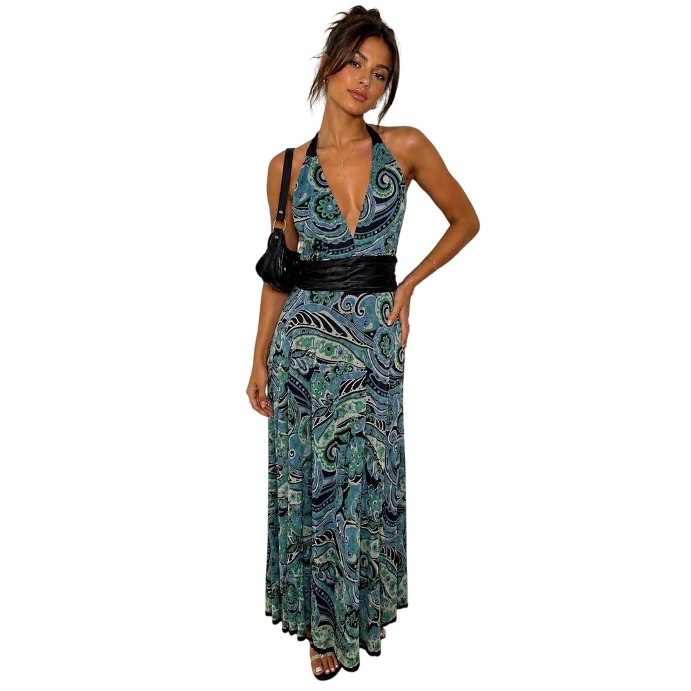 Vtg Y2K ECI Blue Green Mesh Paisley Halter Maxi Dress Empire Waist Size 12